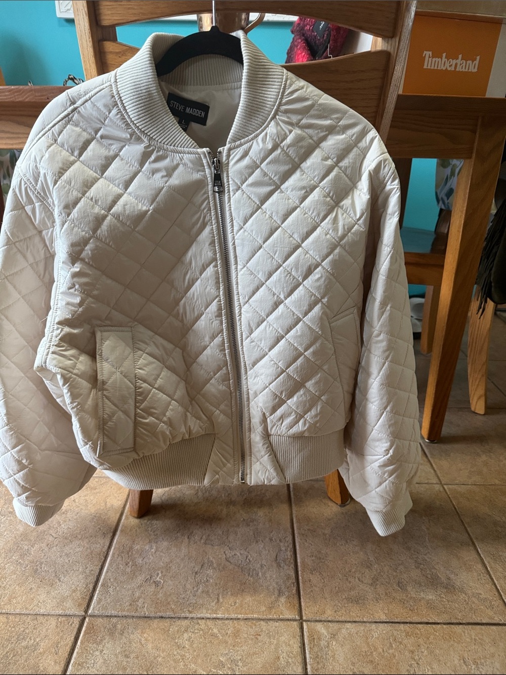 Steve Madden Quilted Bomber Jacket in Cream